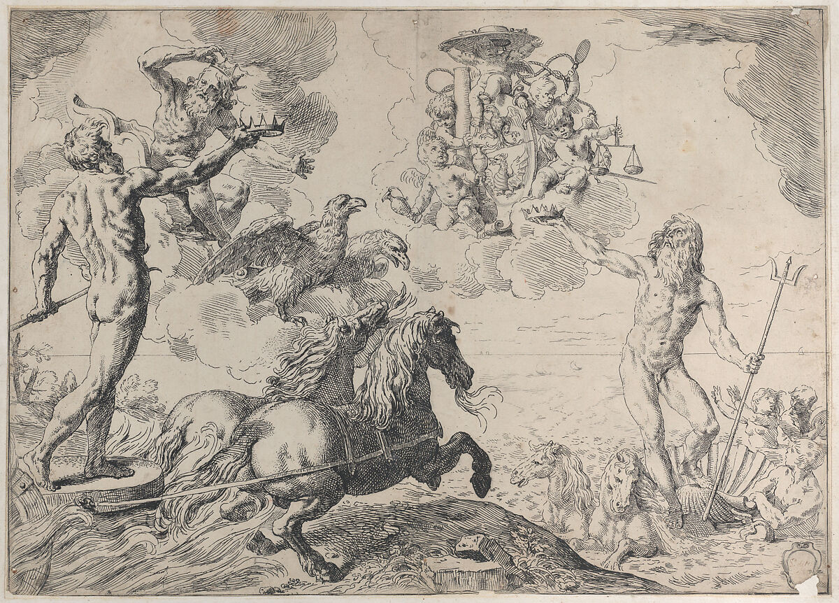 Jupiter, Neptune, and Pluto offering their crowns to the arms of Cardinal Borghese, Simone Cantarini (Italian, Pesaro 1612–1648 Verona), Etching; second state of four