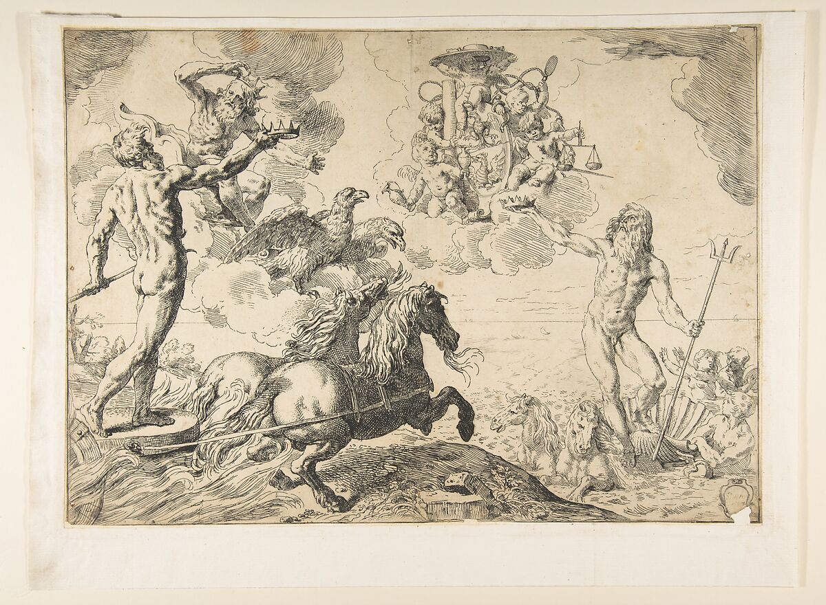 Jupiter, Neptune, and Pluto offering their crowns to the arms of Cardinal Borghese, Simone Cantarini (Italian, Pesaro 1612–1648 Verona), Etching; second state of four