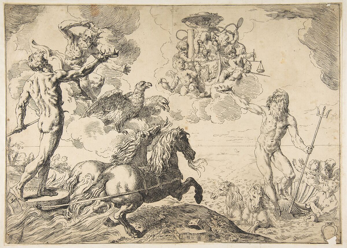 Jupiter, Neptune, and Pluto offering their crowns to the arms of Cardinal Borghese, Simone Cantarini (Italian, Pesaro 1612–1648 Verona), Etching; second state of four 