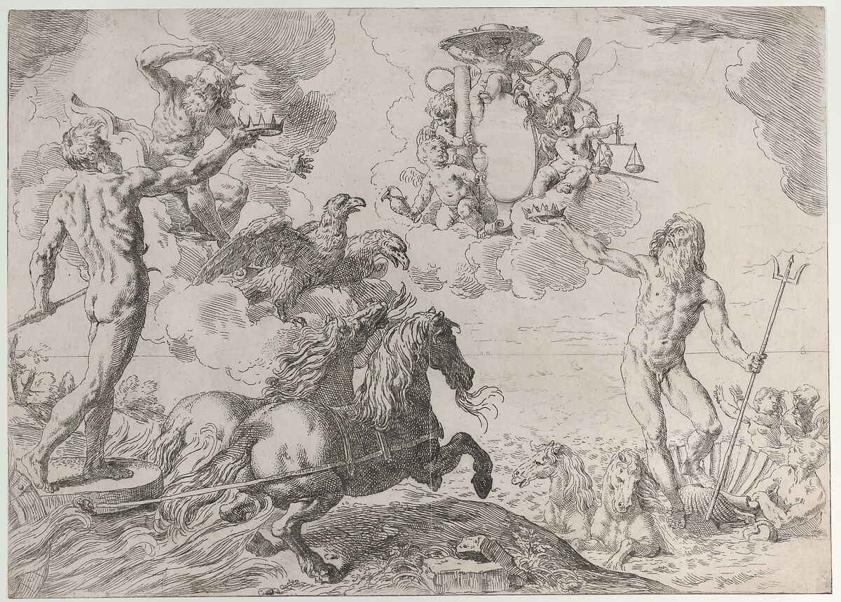 Jupiter, Neptune, and Pluto offering their crowns to the arms of Cardinal Borghese, Simone Cantarini (Italian, Pesaro 1612–1648 Verona), Etching; third state of four