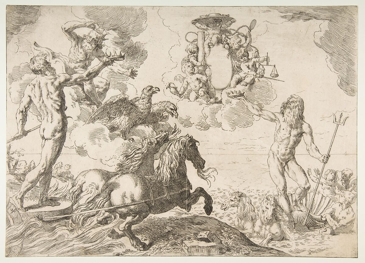 Jupiter, Neptune, and Pluto offering their crowns to the arms of Cardinal Borghese, Simone Cantarini (Italian, Pesaro 1612–1648 Verona), Etching; third state of four 