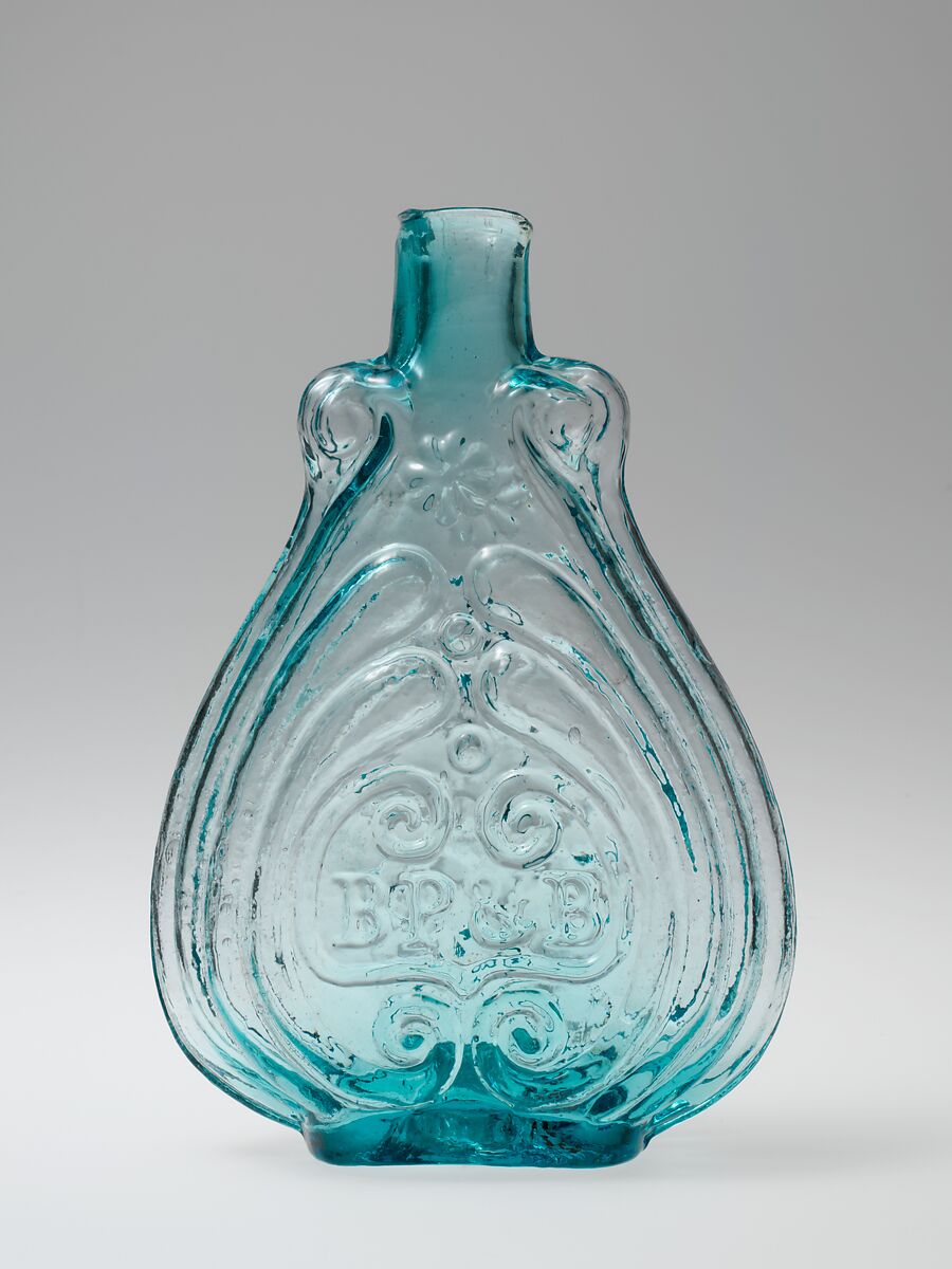 Figured flask, Bakewell, Page &amp; Bakewells (1827–1832), Free-blown molded glass, American 
