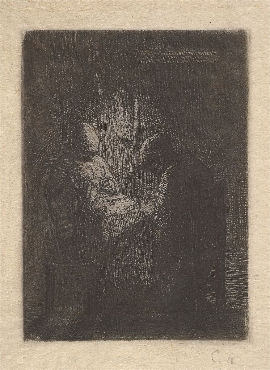 Two Women Sewing by Lamplight, Jean-François Millet (French, Gruchy 1814–1875 Barbizon), Zinc plate etching on thin laid paper backed with tissue; second (final) state 