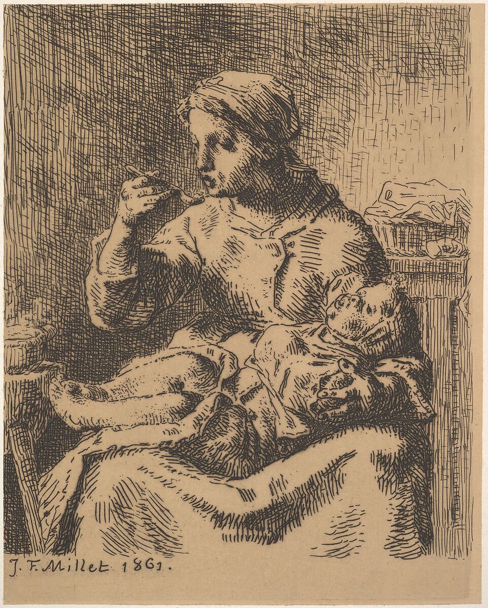 Cooling the Porridge, Jean-François Millet (French, Gruchy 1814–1875 Barbizon), Etching on chine collé; fifth state of five 