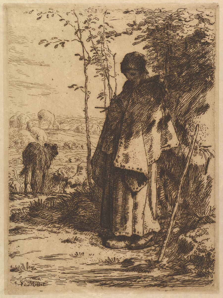 Shepherdess Knitting, Jean-François Millet (French, Gruchy 1814–1875 Barbizon), Etching in brown ink on wove paper; only state 