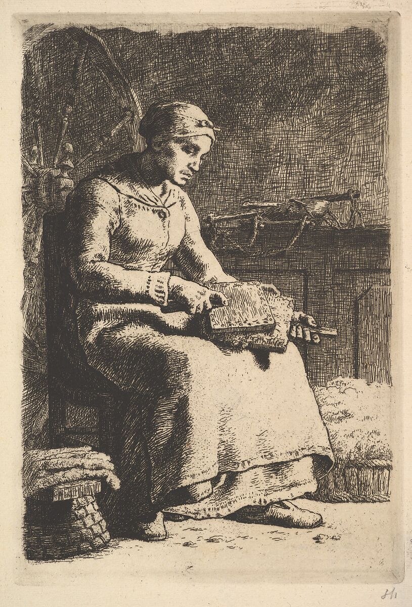 The Wool Carder, Jean-François Millet (French, Gruchy 1814–1875 Barbizon), Etching on laid paper; only state 