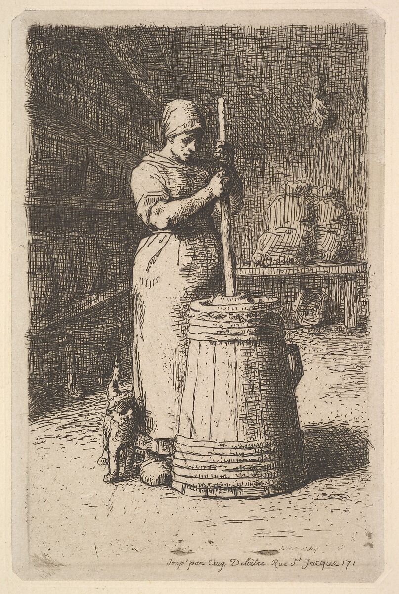 Woman Churning Butter, Jean-François Millet (French, Gruchy 1814–1875 Barbizon), Etching on chine collé; third (final) state 