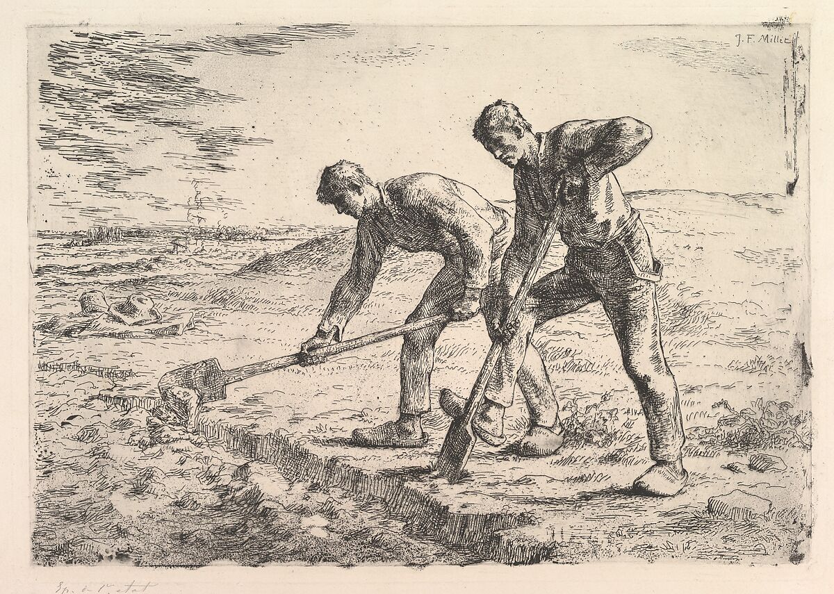 The Diggers, Jean-François Millet (French, Gruchy 1814–1875 Barbizon), Etching on heavy wove paper; first state of four 