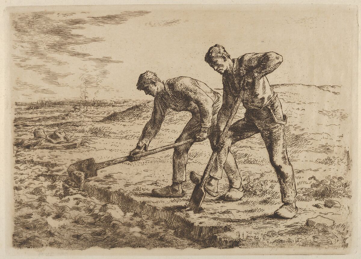 The Diggers, Jean-François Millet (French, Gruchy 1814–1875 Barbizon), Etching on thin laid paper; fourth (final) state 