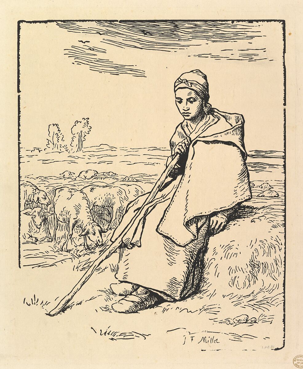 Seated Shepherdess, Drawn by Jean-François Millet (French, Gruchy 1814–1875 Barbizon), Woodcut on chine collé; second state of two 