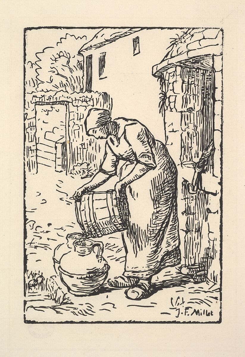 Woman Emptying a Bucket, Drawn by Jean-François Millet (French, Gruchy 1814–1875 Barbizon), Woodcut on laid paper; only state 