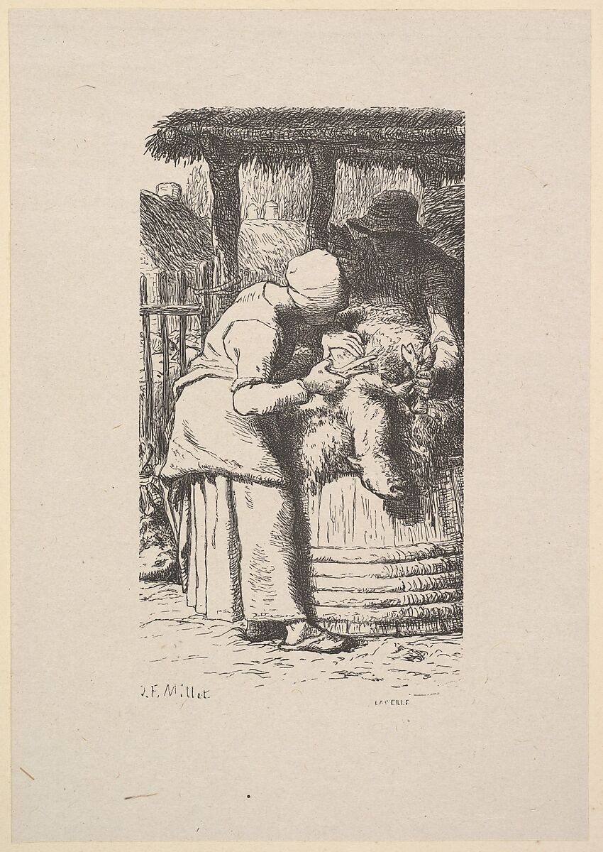 Sheepshearing, After Jean-François Millet (French, Gruchy 1814–1875 Barbizon), Wood engraving on chine collé 