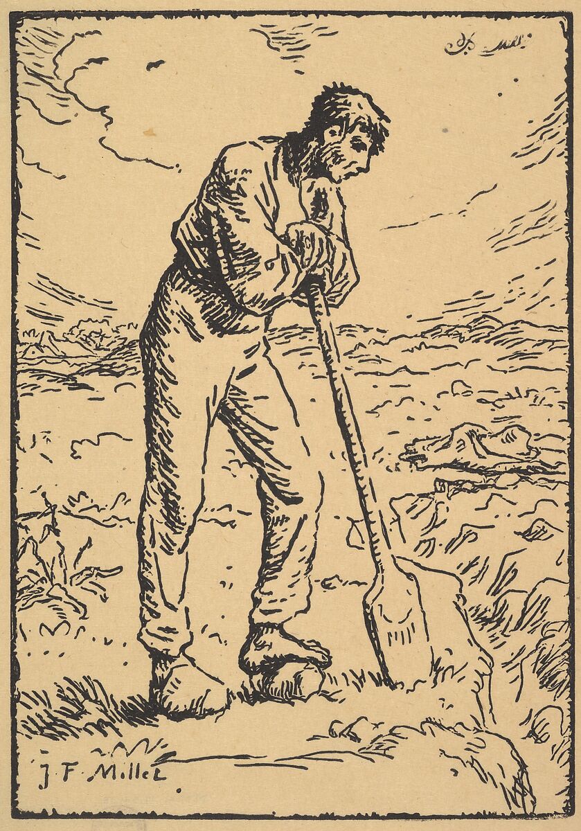 Man Resting on a Spade, Drawn by Jean-François Millet (French, Gruchy 1814–1875 Barbizon), Woodcut on thin laid paper; only state 