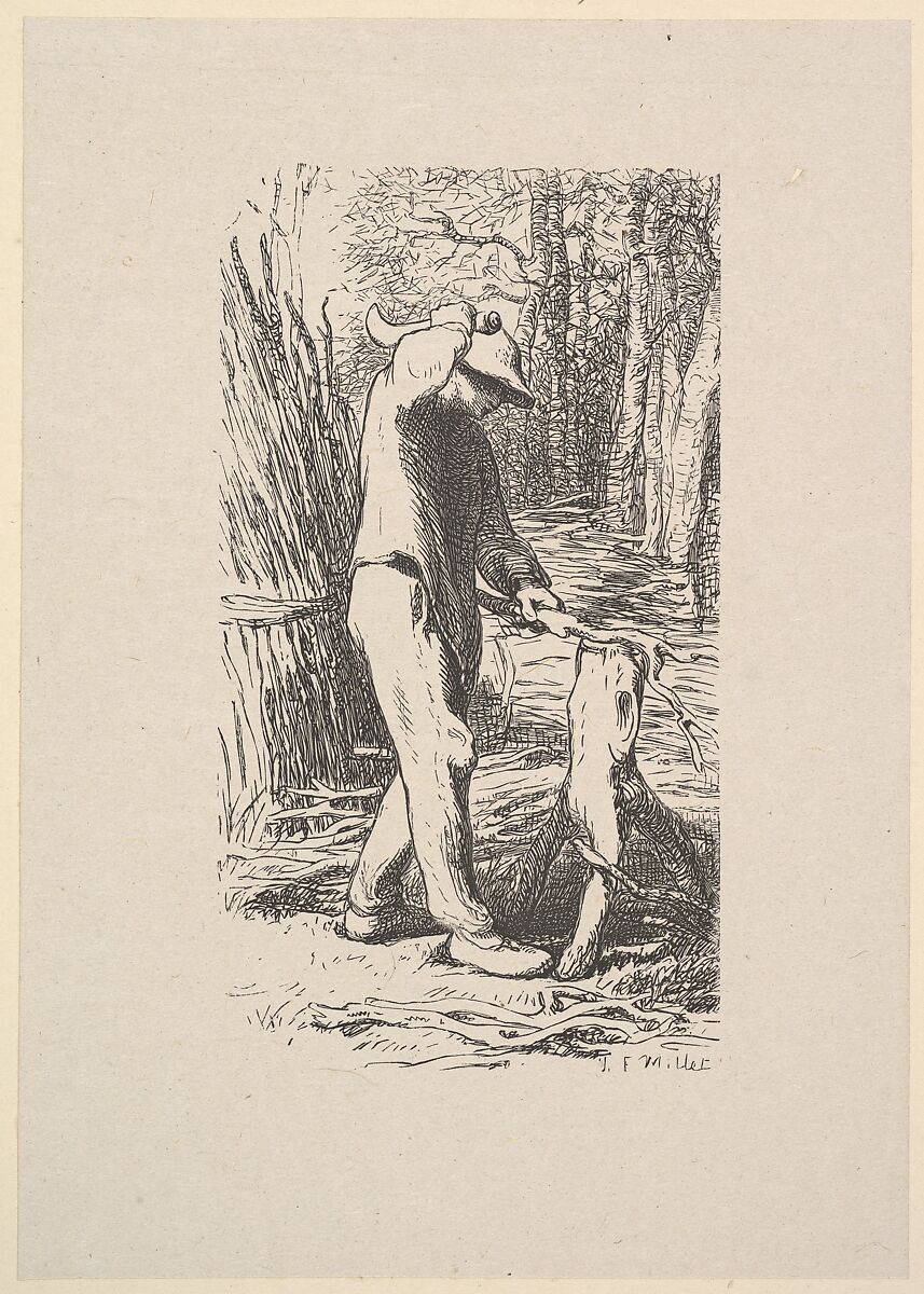 Woodcutter Making a Faggot, After Jean-François Millet (French, Gruchy 1814–1875 Barbizon), Woodcut on chine collé 