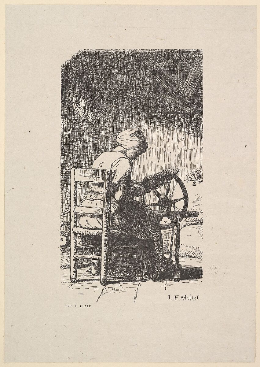 The Spinner, After Jean-François Millet (French, Gruchy 1814–1875 Barbizon), Woodcut on chine collé 