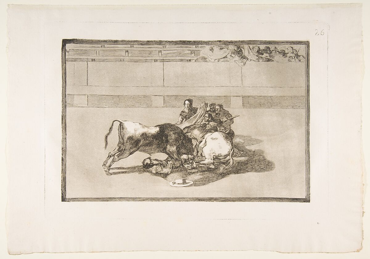 Plate 26 from "La Tauromaquia": A picador is unhorsed and falls under the bull, Goya (Francisco de Goya y Lucientes) (Spanish, Fuendetodos 1746–1828 Bordeaux), Etching, burnished aquatint, drypoint 