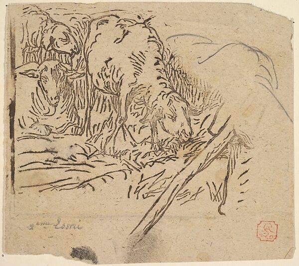 Seated Shepherdess with a Staff, Jean-Baptiste Millet (French, 1831–1906), woodcuts on laid and wove paper