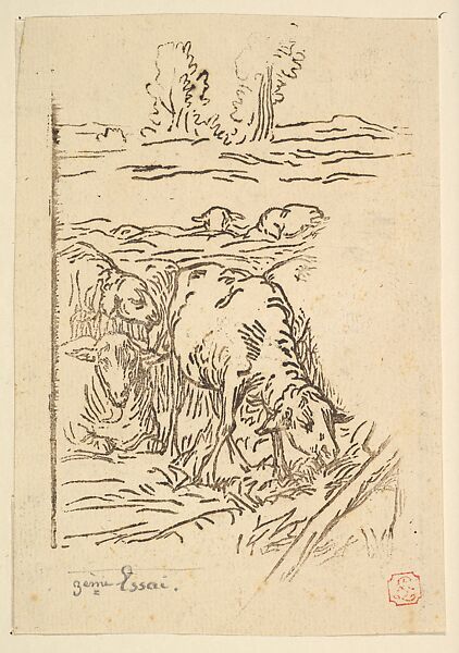 Seated Shepherdess with a Staff, Jean-Baptiste Millet (French, 1831–1906), woodcuts on laid and wove paper