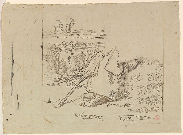 Seated Shepherdess with a Staff, Jean-Baptiste Millet (French, 1831–1906), woodcuts on laid and wove paper