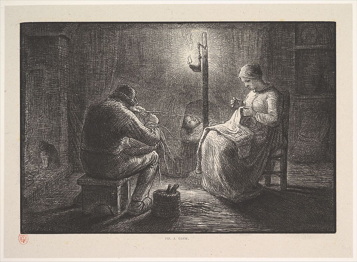 Night, from "Four Times of the Day", After Jean-François Millet (French, Gruchy 1814–1875 Barbizon), Wood engraving on chine collé 