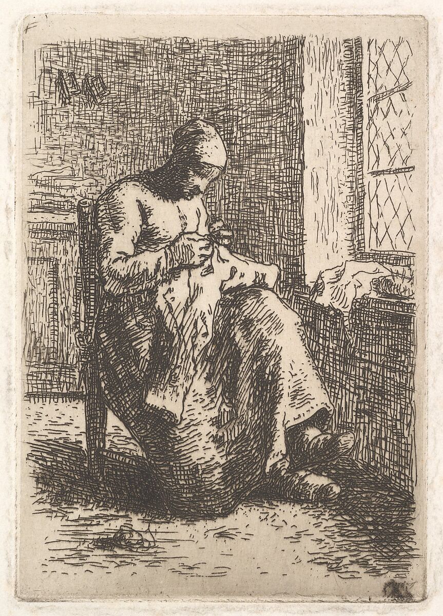 The Seamstress, Jean-François Millet (French, Gruchy 1814–1875 Barbizon), Etching on chine collé; second state 