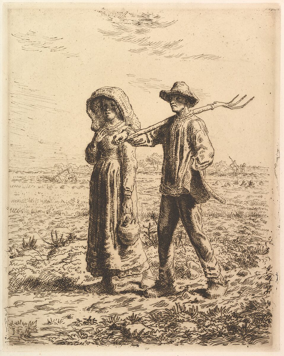 Peasants Going to Work, Jean-François Millet (French, Gruchy 1814–1875 Barbizon), Etching in brown ink on laid paper; seventh state of seven 