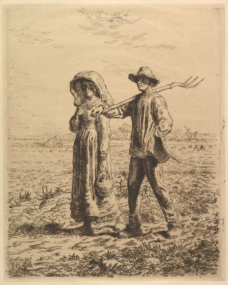 Peasants Going to Work, Jean-François Millet (French, Gruchy 1814–1875 Barbizon), Etching in brown/black ink on thin laid paper; seventh (final) state 