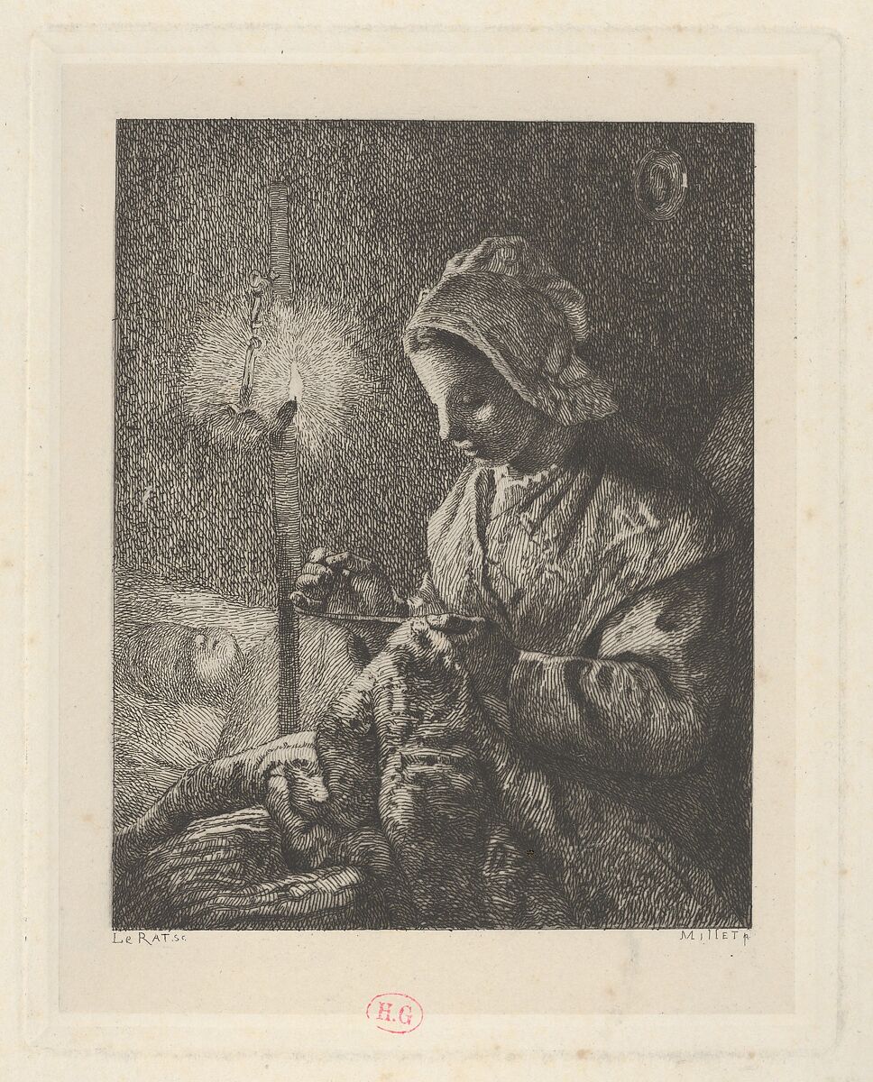 Sewing by Lamplight, After Jean-François Millet (French, Gruchy 1814–1875 Barbizon), Etching on chine collé 