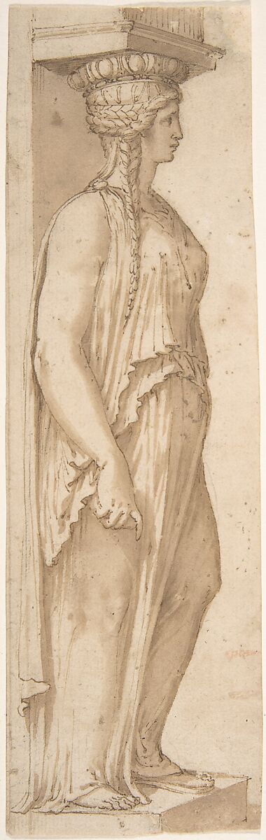 Caryatid Facing Right, Attributed to Pirro Ligorio (Italian, Naples ca. 1512/13–1583 Ferrara), Pen and brown ink, brush and brown wash, over traces of leadpoint or black chalk 