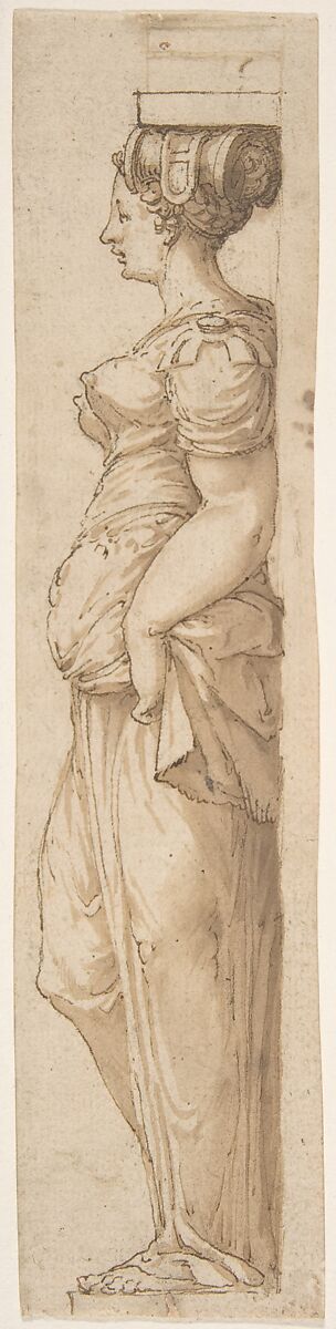 Caryatid Facing Left, Attributed to Pirro Ligorio (Italian, Naples ca. 1512/13–1583 Ferrara), Pen and brown ink, brush and brown wash, over traces of black chalk 