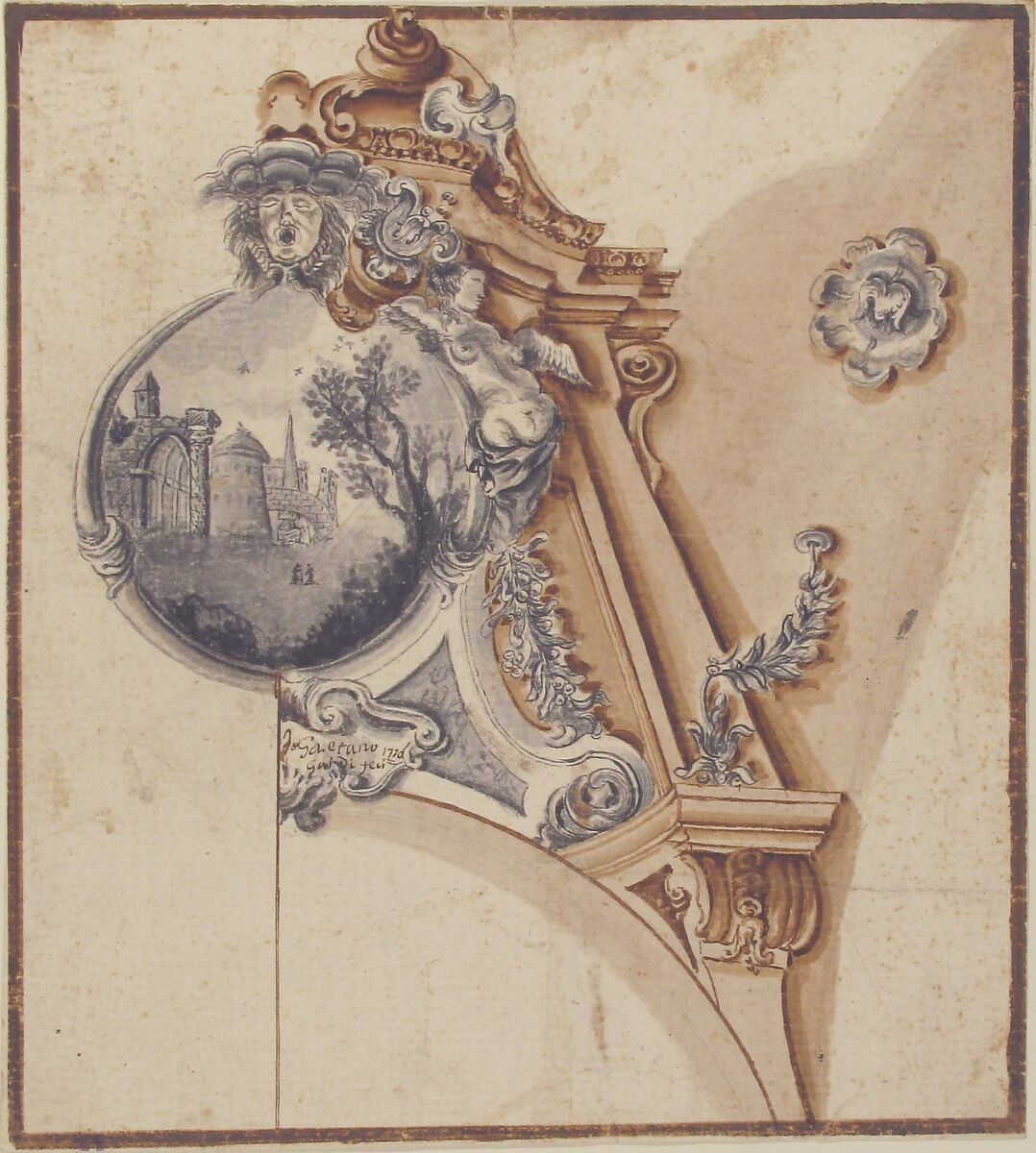 Decoration over an Arch with a Landscape Scene in a Round Compartment, Gaetano Galdi  , 1770, Pen and brown and black ink, brush and brown, black and gray wash over traces of graphite