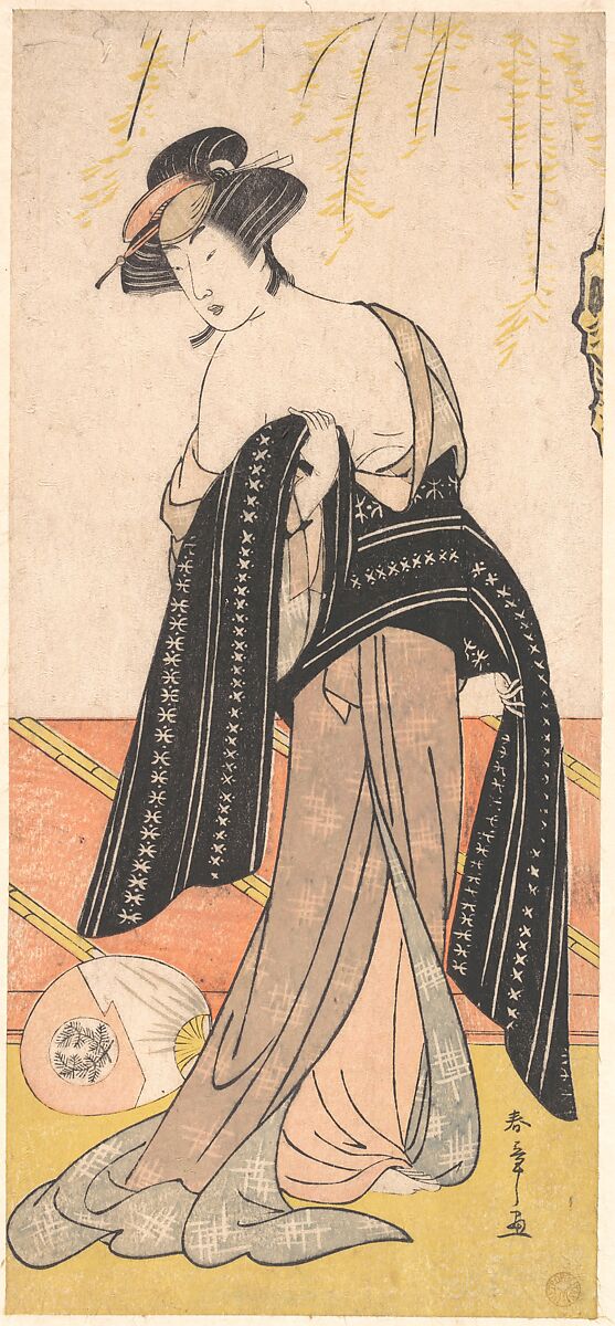 The Actor Nakamura Riko as an Oiran Tying Her Obi, Katsukawa Shunshō　勝川春章 (Japanese, 1726–1792), Woodblock print (nishiki-e); ink and color on paper, Japan 