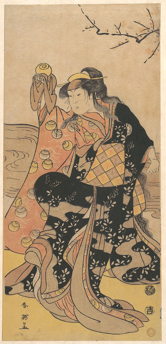 The Fourth Iwai Hanshiro as a Woman Holding a Crystal Ball and Dancing on the Bank of a Stream, Katsukawa Shun&#39;ei 勝川春英 (Japanese, 1762–1819), Woodblock print; ink and color on paper, Japan 