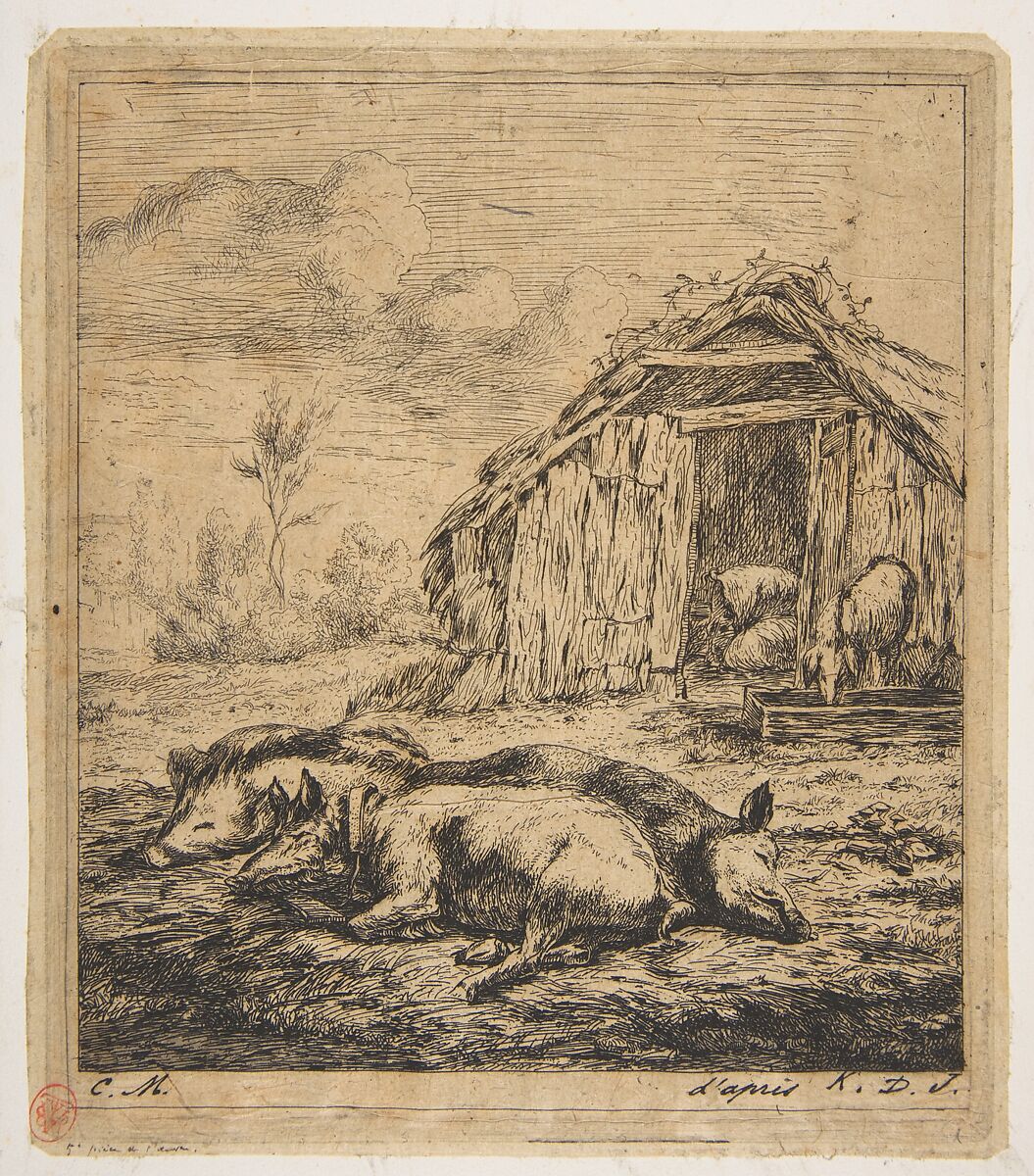 Three Pigs Lying in Front of a Shed, Charles Meryon (French, 1821–1868), Etching on wove paper, laid down on card; second, final state 