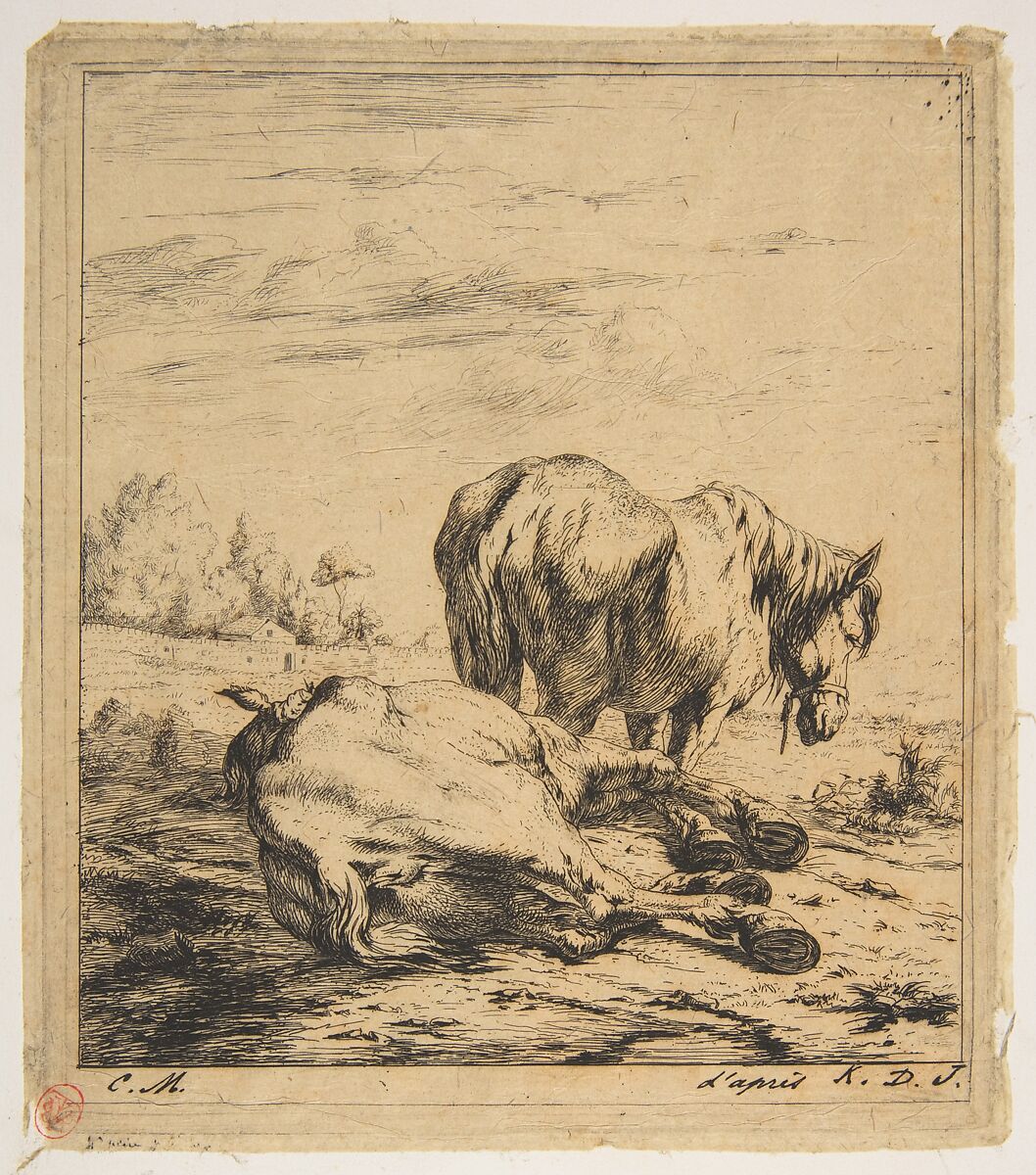 Two Horses, Charles Meryon (French, 1821–1868), Etching on thin wove paper, laid down on card 