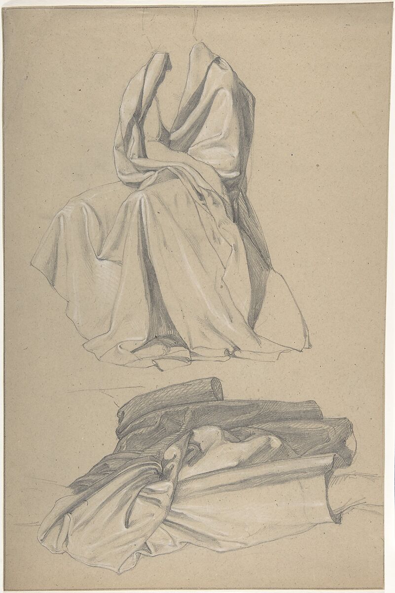 Drapery Study, Alfred Rethel (German, Diepenbend 1816–1859 Duesseldorf), Graphite, heightened with white on brown paper; framing lines in graphite 