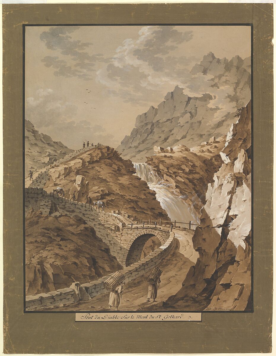 Devil's Bridge toward the Gothard Mountain in Switzerland, Franz Xaver Triner (Swiss, Arth 1767–1824 Buerglen), Brush and brown, gray and green watercolor and bodycolor. Framing line in black ink and an approximately 1.25 inch border of olive-green watercolor. 