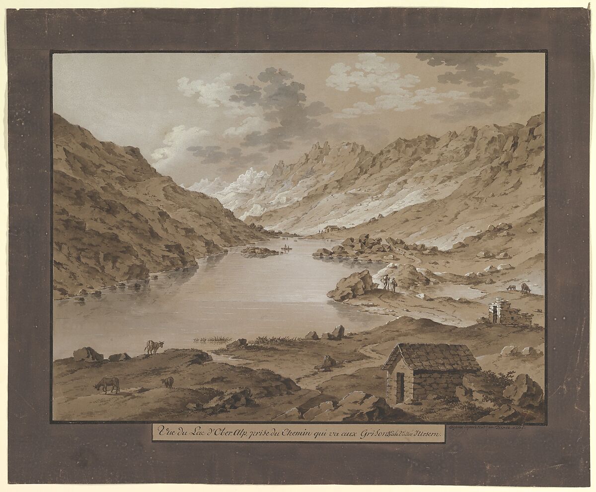 View of Oberalp Lake, Franz Xaver Triner (Swiss, Arth 1767–1824 Buerglen), Brush with brown and gray watercolor and bodycolor, heightened with white gouache. Framing line in black ink and a 1.1/2 inch border of brown watercolor 