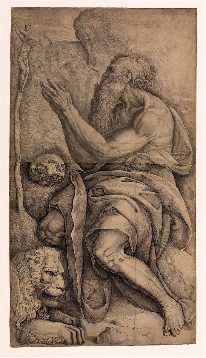 Saint Jerome kneeling before a crucifix, with a skull and lion, Battista Franco (Italian, Venice ca. 1510–1561 Venice), Etching and engraving 