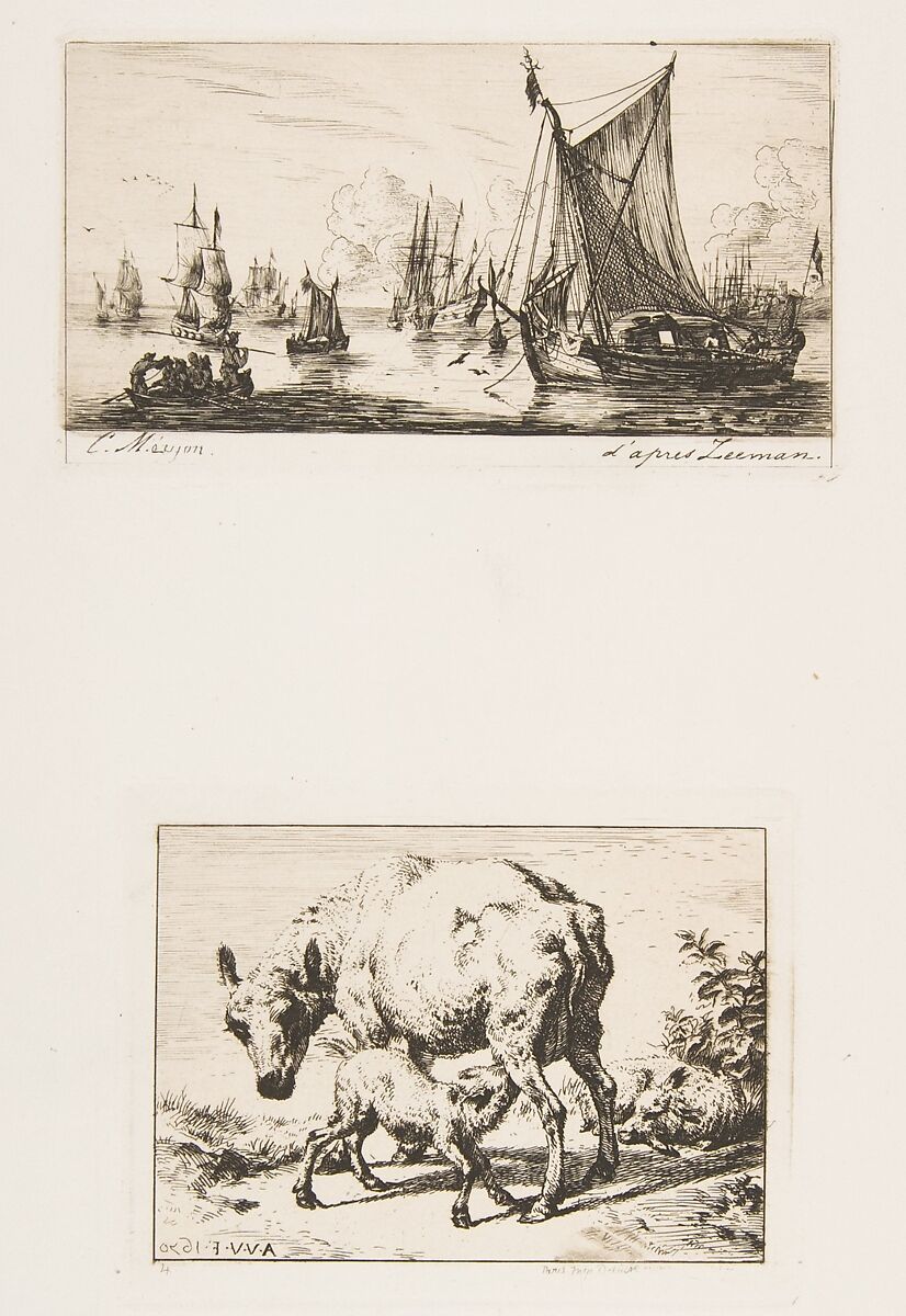 South Sea Fishers; Ewe with Two Lambs, Charles Meryon (French, 1821–1868), Etchings on wove paper; Published in L'Artiste (1861) 