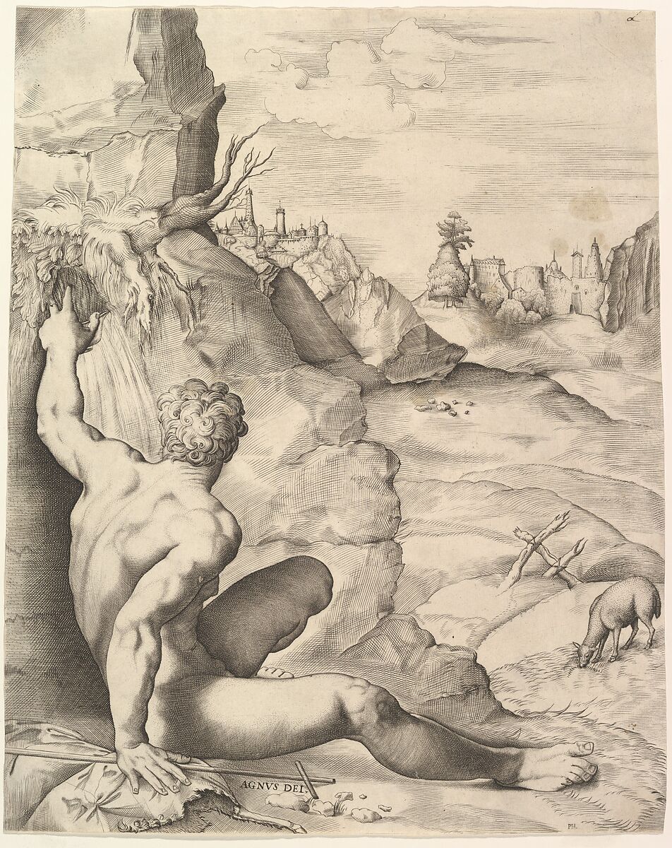 John the Baptist in the Wilderness, Giulio Sanuto (Italian, active 1540–88), Engraving 