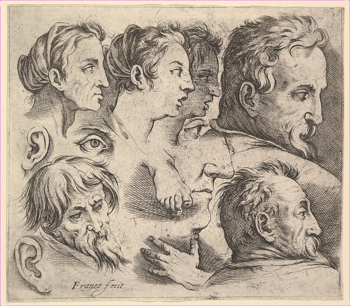 Studies of Heads, Battista Franco (Italian, Venice ca. 1510–1561 Venice), Engraving with etching 
