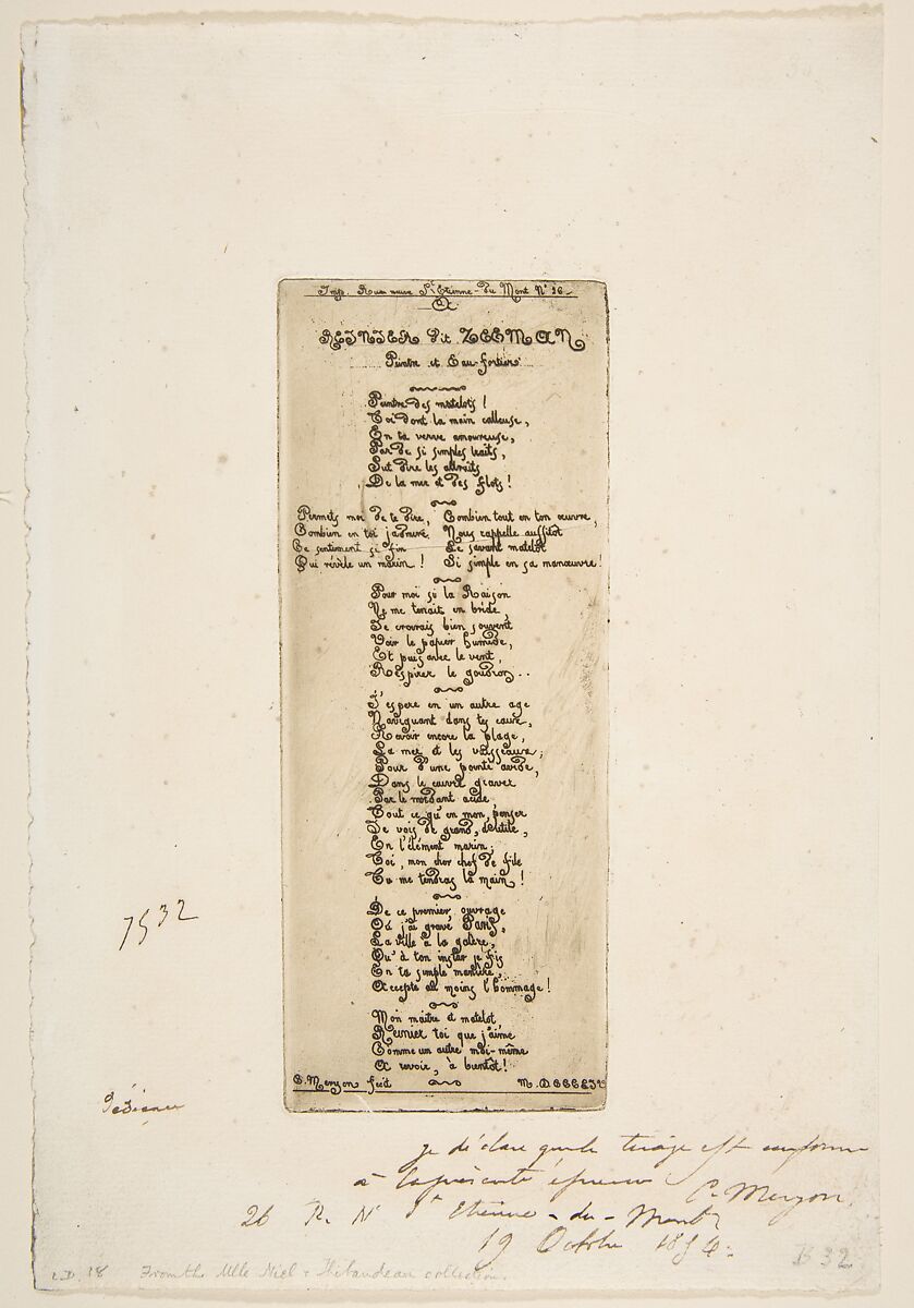 Dedicatory verses by Meryon to Reiner Nooms, called Zeeman, Charles Meryon (French, 1821–1868), Etching on laid paper; only state 