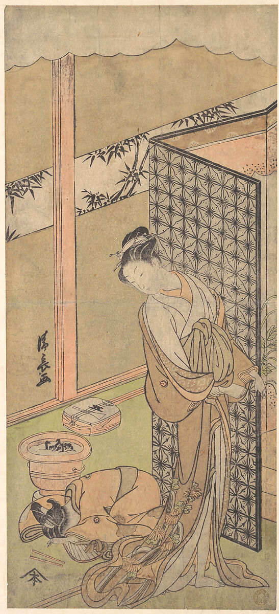 An Oiran in Night Attire, pausing, with one Hand on the Screen that Surrounds Her Bed, Torii Kiyonaga (Japanese, 1752–1815), Woodblock print; ink and color on paper, Japan 