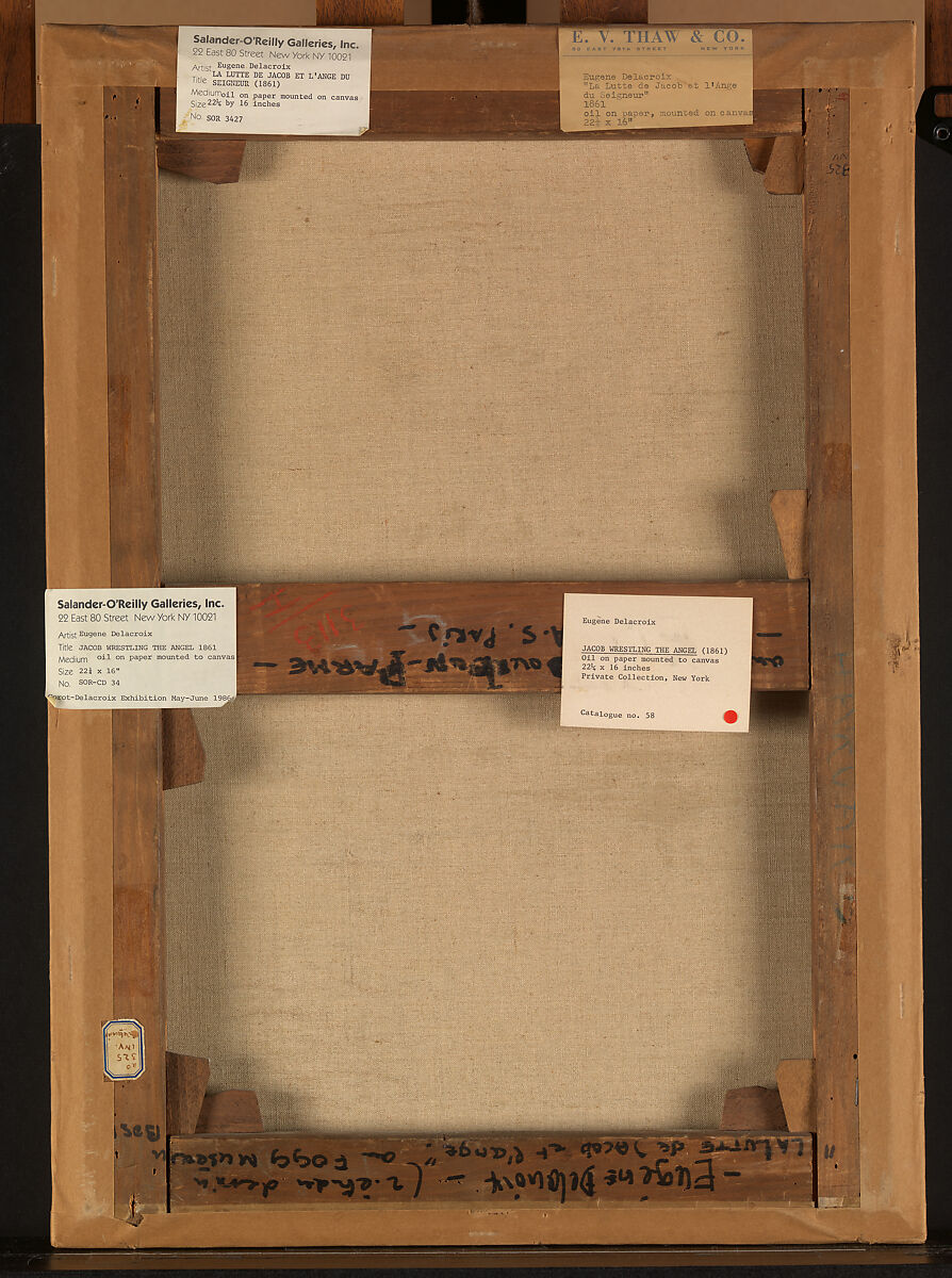 Jacob Wrestling with the Angel, Eugène Delacroix (French, Charenton-Saint-Maurice 1798–1863 Paris), Oil over pen and ink on tracing paper; mounted on canvas and backed with linen