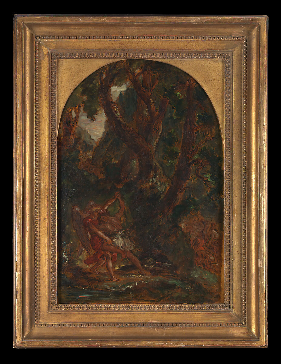 Jacob Wrestling with the Angel, Eugène Delacroix (French, Charenton-Saint-Maurice 1798–1863 Paris), Oil over pen and ink on tracing paper; mounted on canvas and backed with linen
