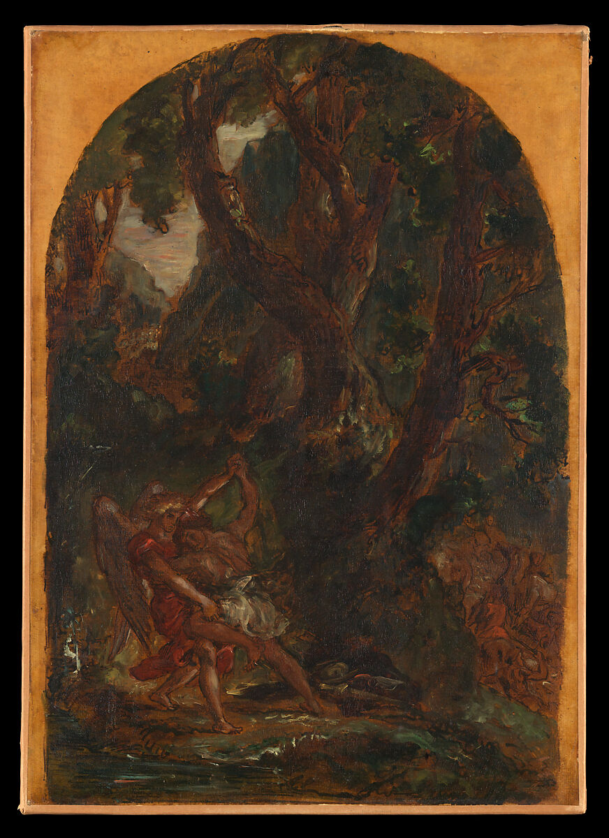 Jacob Wrestling with the Angel, Eugène Delacroix (French, Charenton-Saint-Maurice 1798–1863 Paris), Oil over pen and ink on tracing paper; mounted on canvas and backed with linen