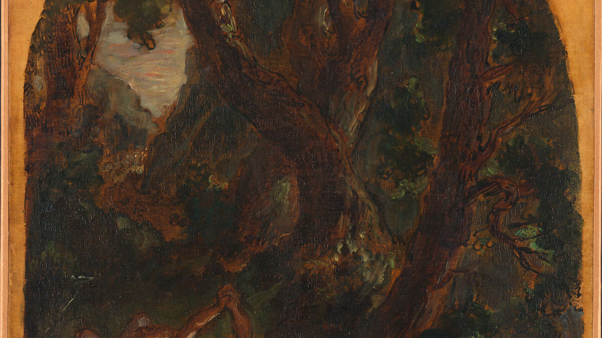 Jacob Wrestling with the Angel, Eugène Delacroix (French, Charenton-Saint-Maurice 1798–1863 Paris), Oil over pen and ink on tracing paper; mounted on canvas and backed with linen