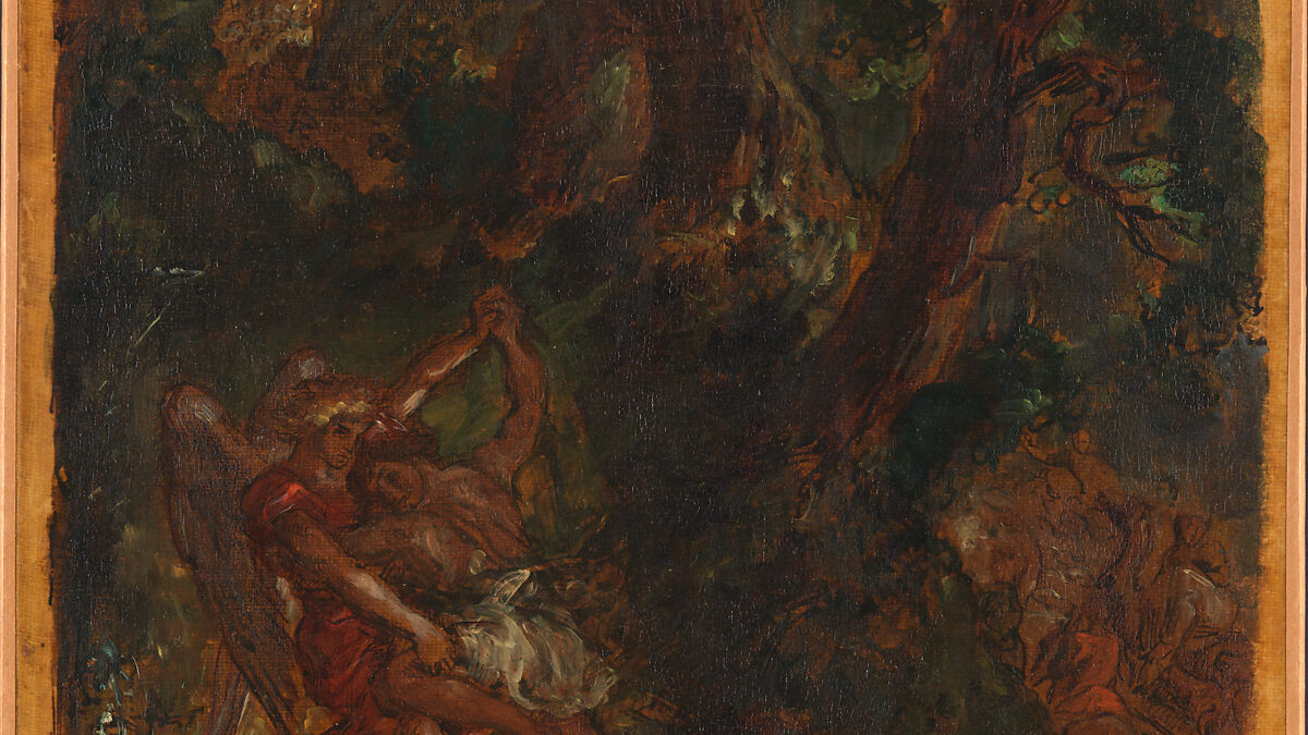 Jacob Wrestling with the Angel, Eugène Delacroix (French, Charenton-Saint-Maurice 1798–1863 Paris), Oil over pen and ink on tracing paper; mounted on canvas and backed with linen