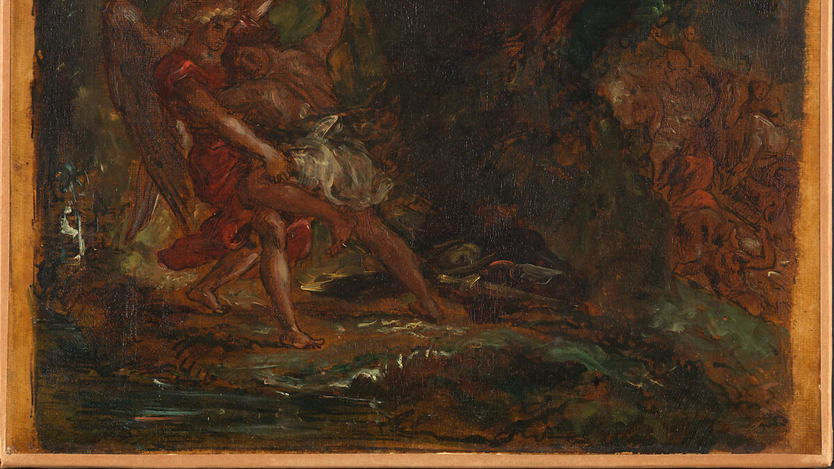 Jacob Wrestling with the Angel, Eugène Delacroix (French, Charenton-Saint-Maurice 1798–1863 Paris), Oil over pen and ink on tracing paper; mounted on canvas and backed with linen